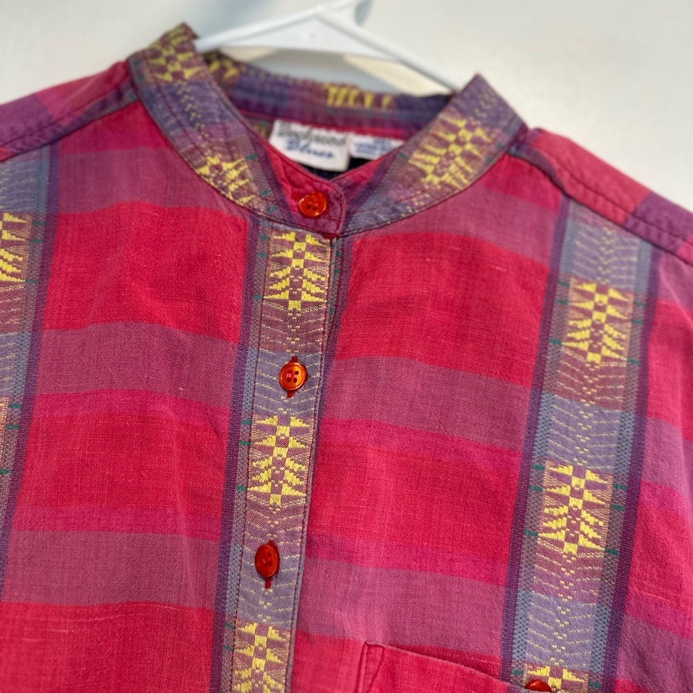 VTG Backroad Blues vivid colorful geometric pink plaid blouse mandarin collar. - Picture 8 of 10